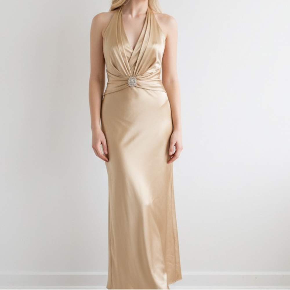 Jessica McClintock Gold Halter Evening Gown with Rhinestone Brooch - Size 4